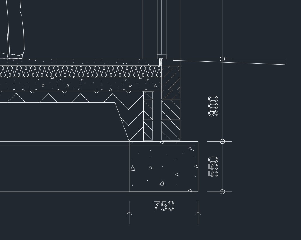 AutoCAD footing section detail drawing showing foundation and floor construction dimensions