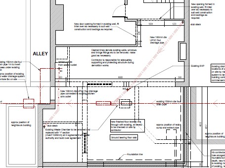 Proposed foul drainage layout for build-over agreement drawn in AutoCAD by Aries CAD