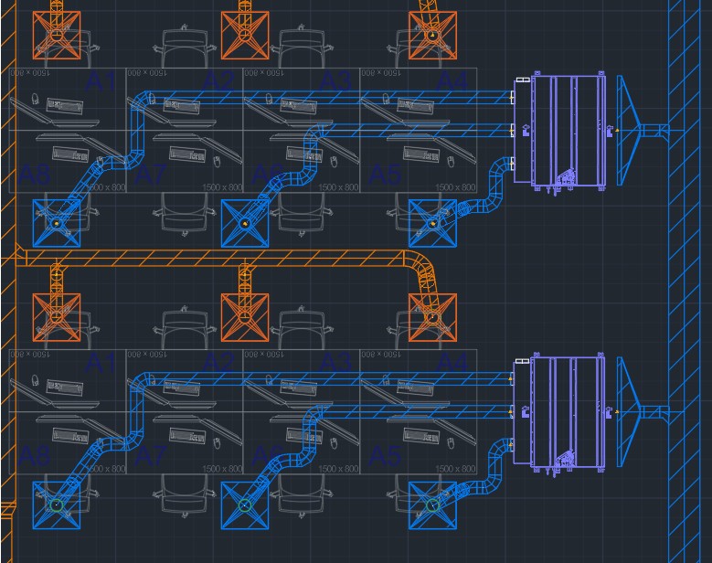 HVAC ductwork layout for school IT classroom extension drawn in AutoCAD